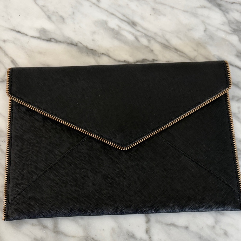 Rebecca Minkoff Black Envelope Clutch with Gold Zip Trim